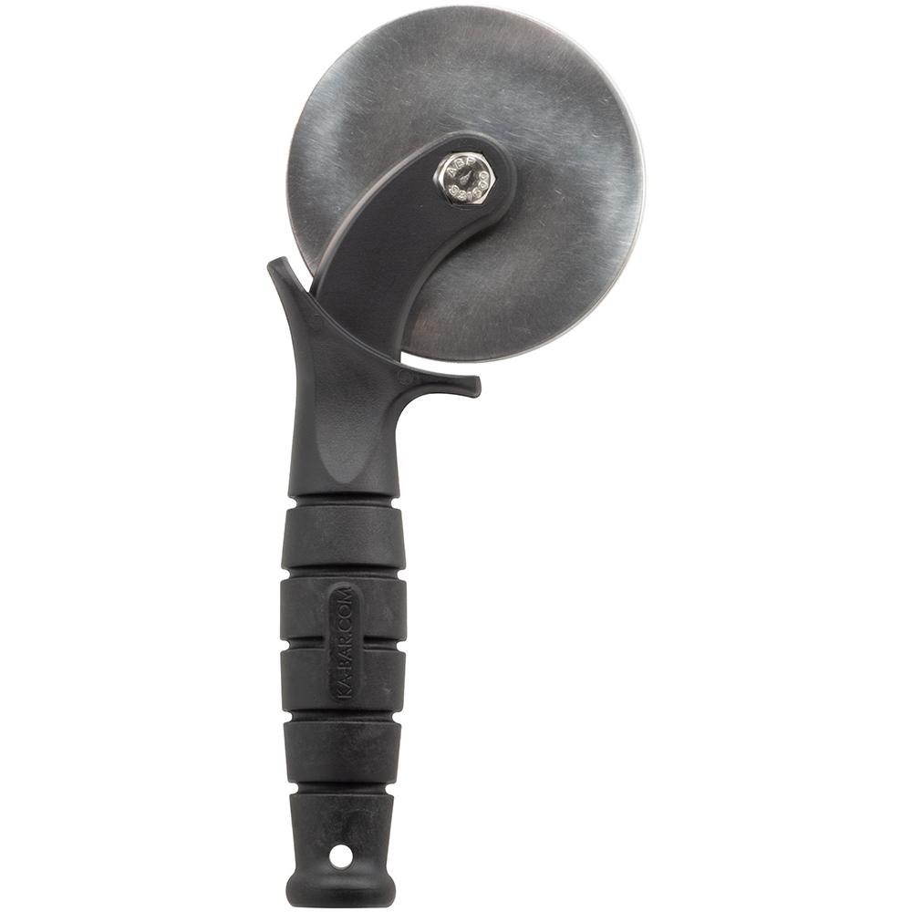 Chattanooga Ka-Bar Za-Saw pizza cutter with stainless steel wheel and cream-colored handle for precise slicing.