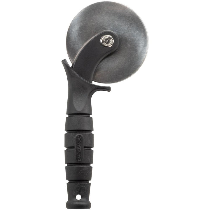 Chattanooga Ka-Bar Za-Saw pizza cutter with stainless steel wheel and cream-colored handle for precise slicing.