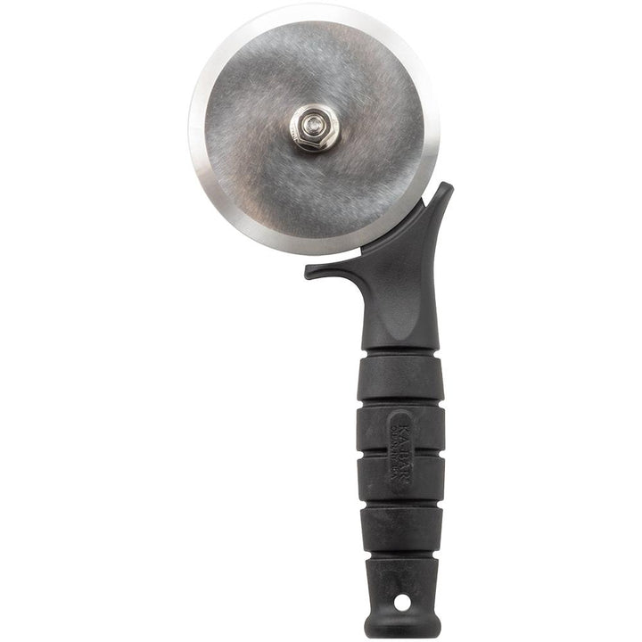 Chattanooga Ka-Bar Za-Saw pizza cutter with stainless steel wheel and cream-colored handle, USA-made cookware utensil.