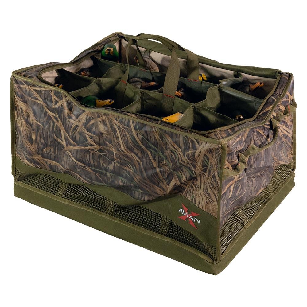 Chattanooga AvianX Floating Slotted Decoy Bag with 12 slots in Mossy Oak Shadow Grass camouflage for outdoor bird hunting gear.