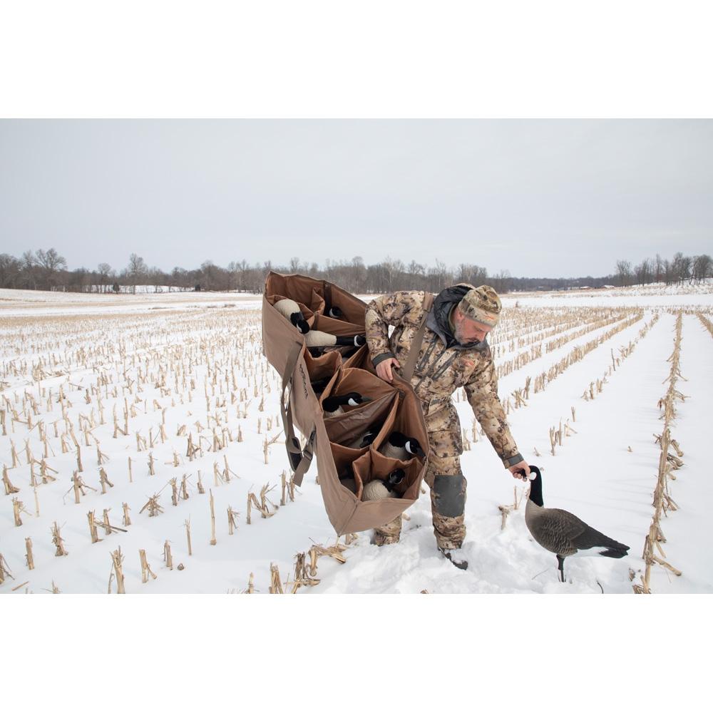 Chattanooga Higdon Outdoors X Slot universal goose decoy bag with adjustable 3 to 12 slots, shown with decoys and carry straps.