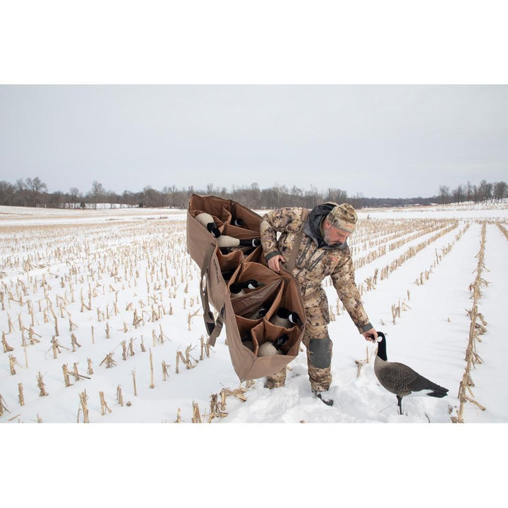 Chattanooga Higdon Outdoors X Slot universal goose decoy bag with adjustable 3 to 12 slots, shown with decoys and carry straps.
