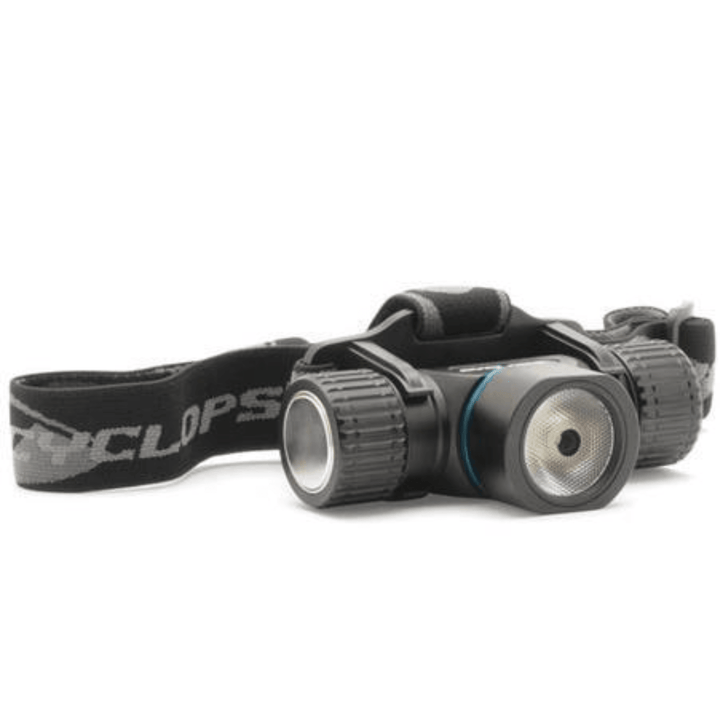 Chattanooga Cyclops Poseidon rechargeable headlamp in black, 2000 lumens with adjustable straps and bright LED light.