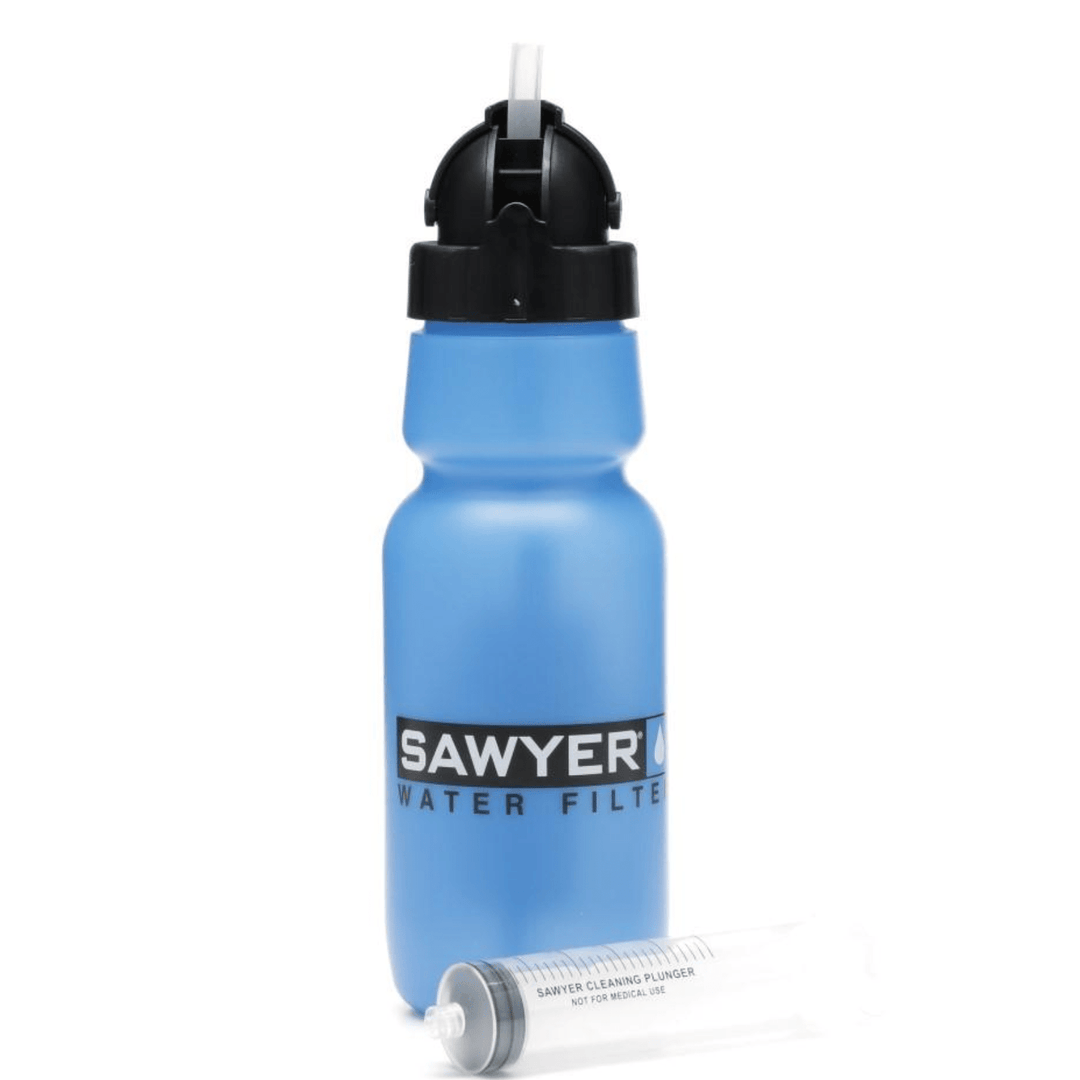 Chattanooga Sawyer personal water filtration bottle with blue inline filter, portable water filter for outdoor use
