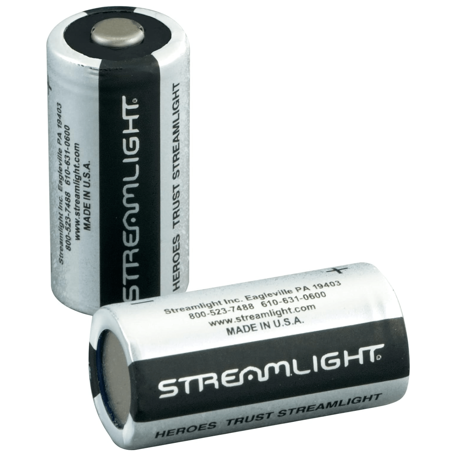 Chattanooga Streamlight lithium replacement batteries for cameras, 3-volt 123A, shown in packaging with batteries visible.