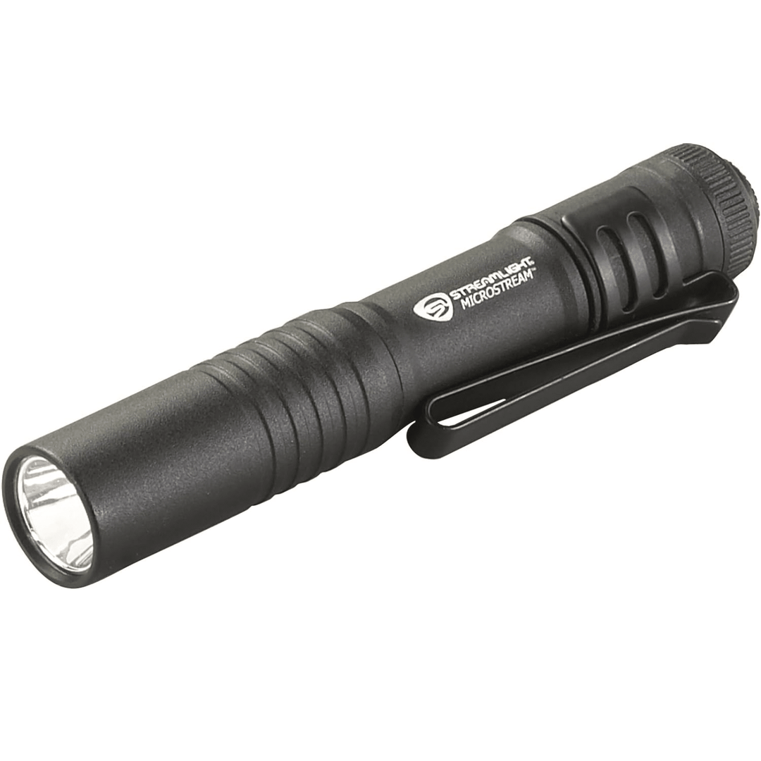 Black Streamlight MicroStream LED pen light powered by alkaline batteries, compact and portable for quick illumination.