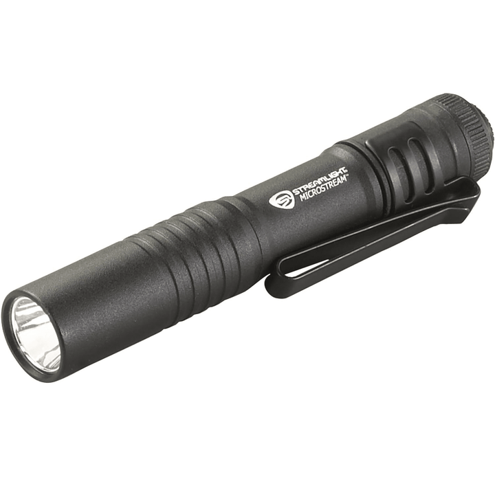 Black Streamlight MicroStream LED pen light powered by alkaline batteries, compact and portable for quick illumination.