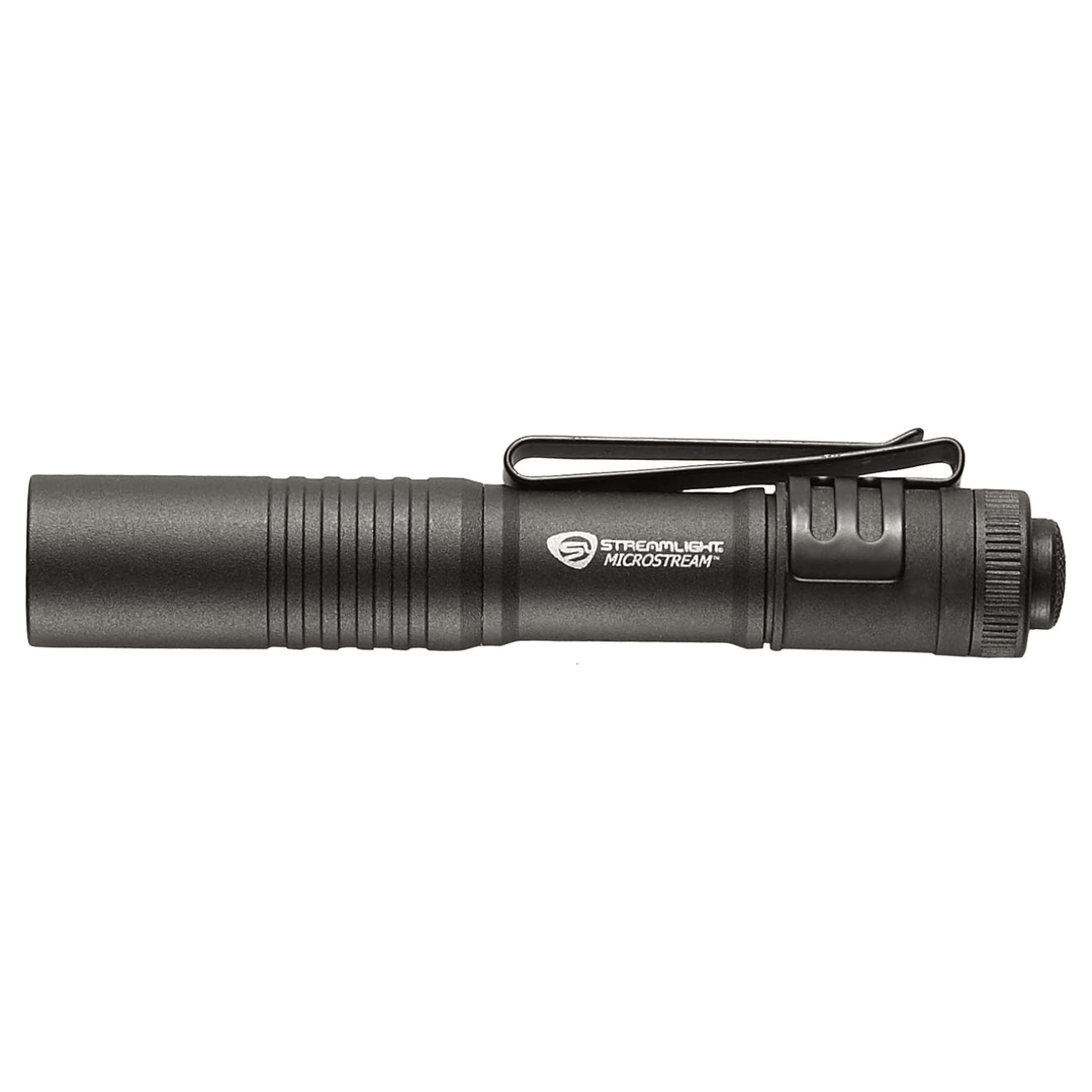 Black Streamlight MicroStream LED pen light powered by alkaline batteries, compact and portable flashlight from Chattanooga.