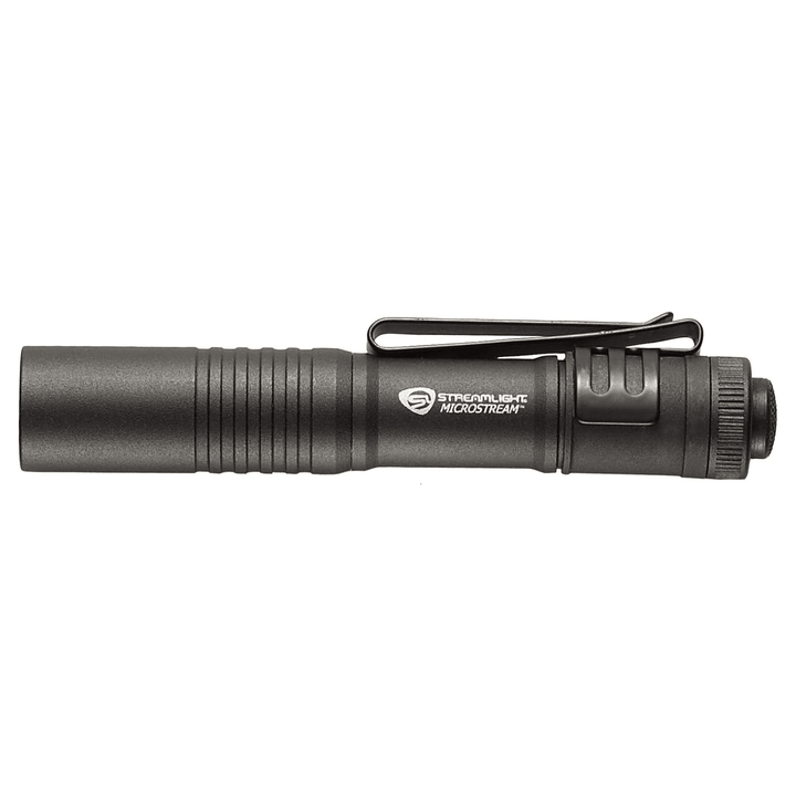 Black Streamlight MicroStream LED pen light powered by alkaline batteries, compact and portable flashlight from Chattanooga.