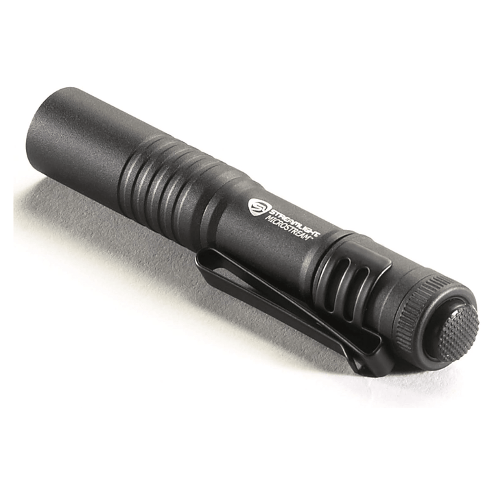 Black Streamlight MicroStream LED pen light powered by alkaline batteries, compact and portable for everyday use.