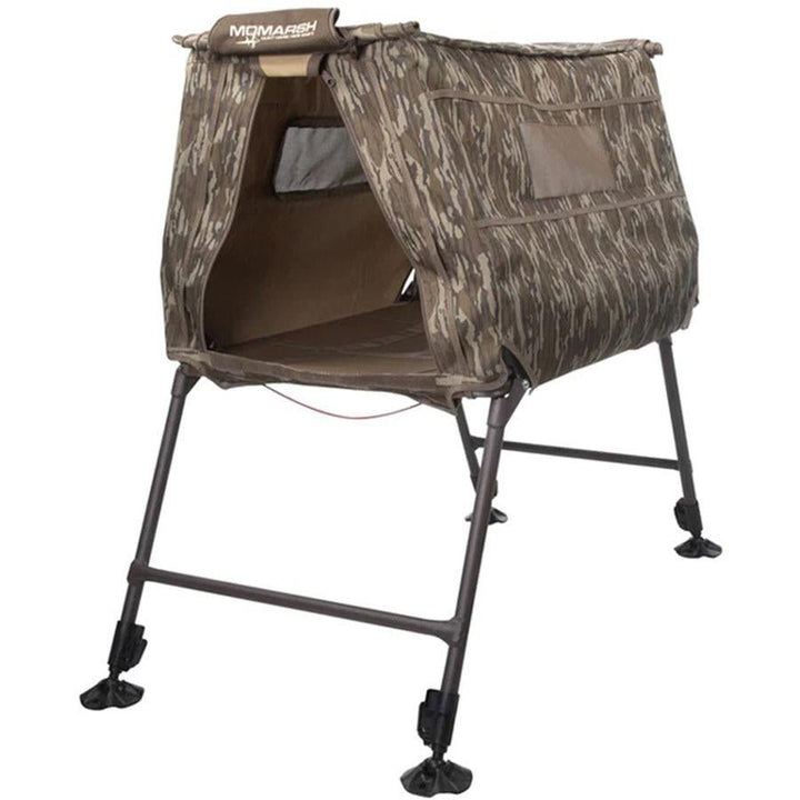 Chattanooga Higdon Outdoors Invisilab dog blind in Mossy Oak Bottomland camouflage, portable shelter for outdoor dog concealment.