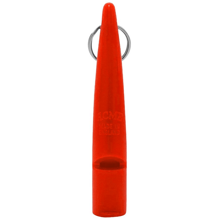 Chattanooga Omnipet Acme dog training mouth whistle in high tone orange plastic, used for obedience and training commands.
