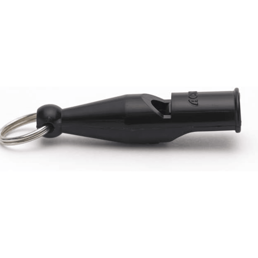 Black plastic Omnipet Acme Dog Whistle by Chattanooga, a modern training tool for obedience and dog training.
