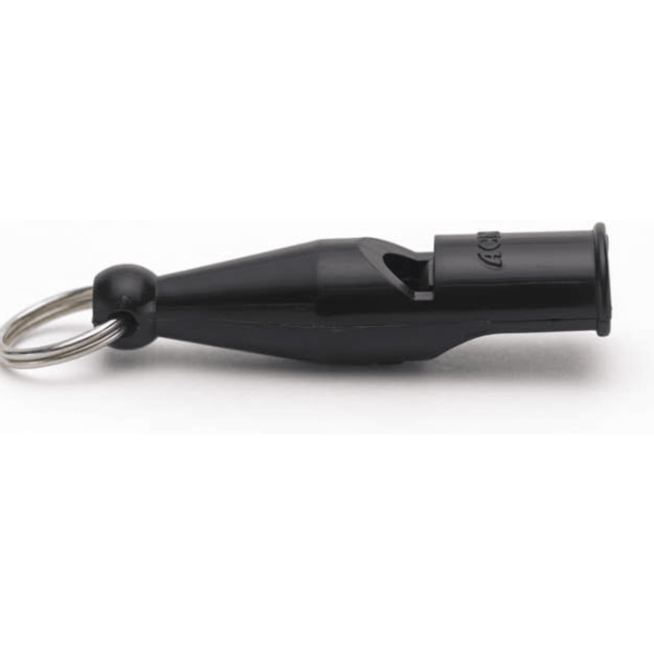 Black plastic Omnipet Acme Dog Whistle by Chattanooga, a modern training tool for obedience and dog training.
