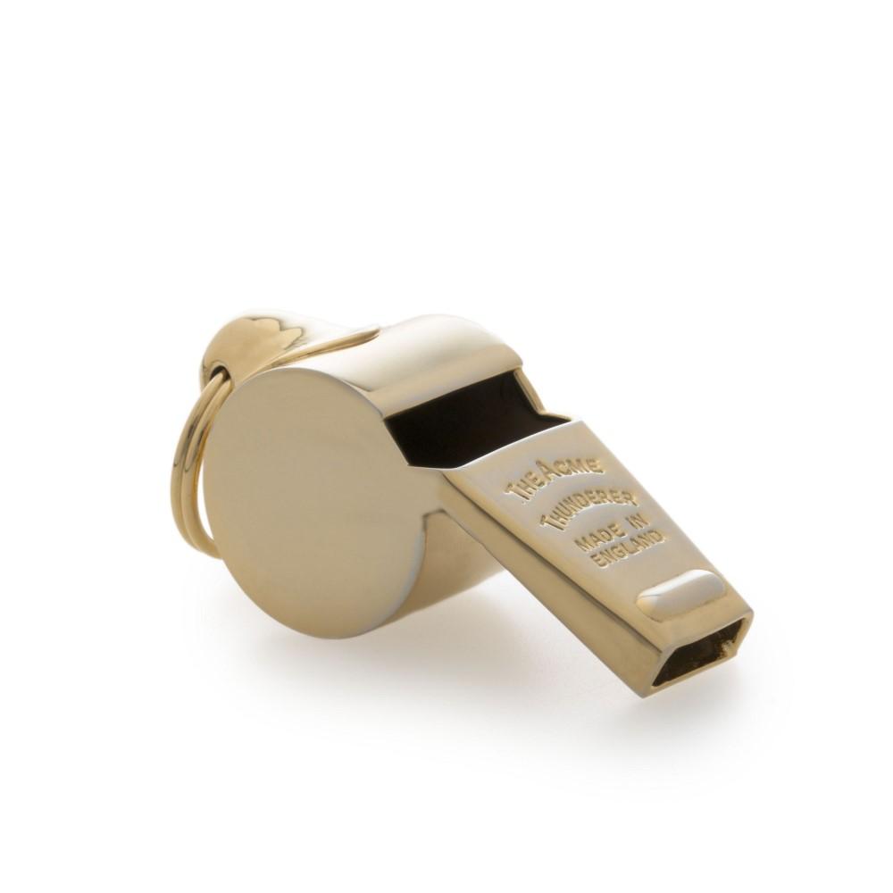 Small brass dog training whistle by Chattanooga, nickel-plated, clear, loud, durable for sports and obedience training, compact and reliable.