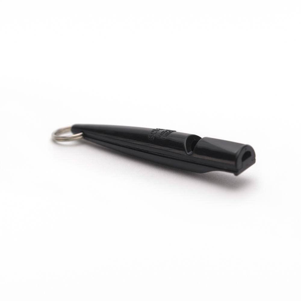 Chattanooga Omnipet ACME black plastic dog training whistle on a keychain for effective obedience training.