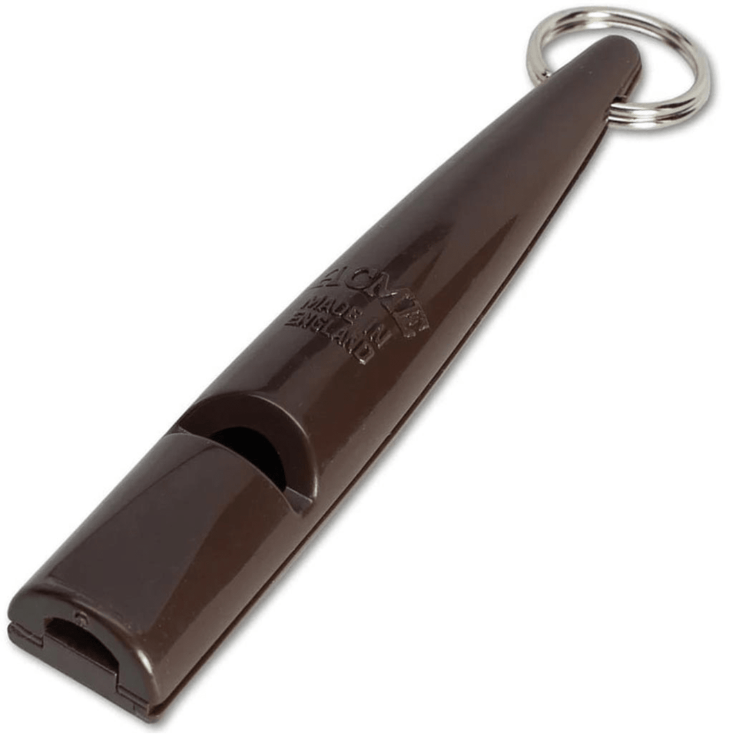 Chattanooga Omnipet Acme dog training mouth whistle in high tone plastic, brown color, designed for effective dog training.
