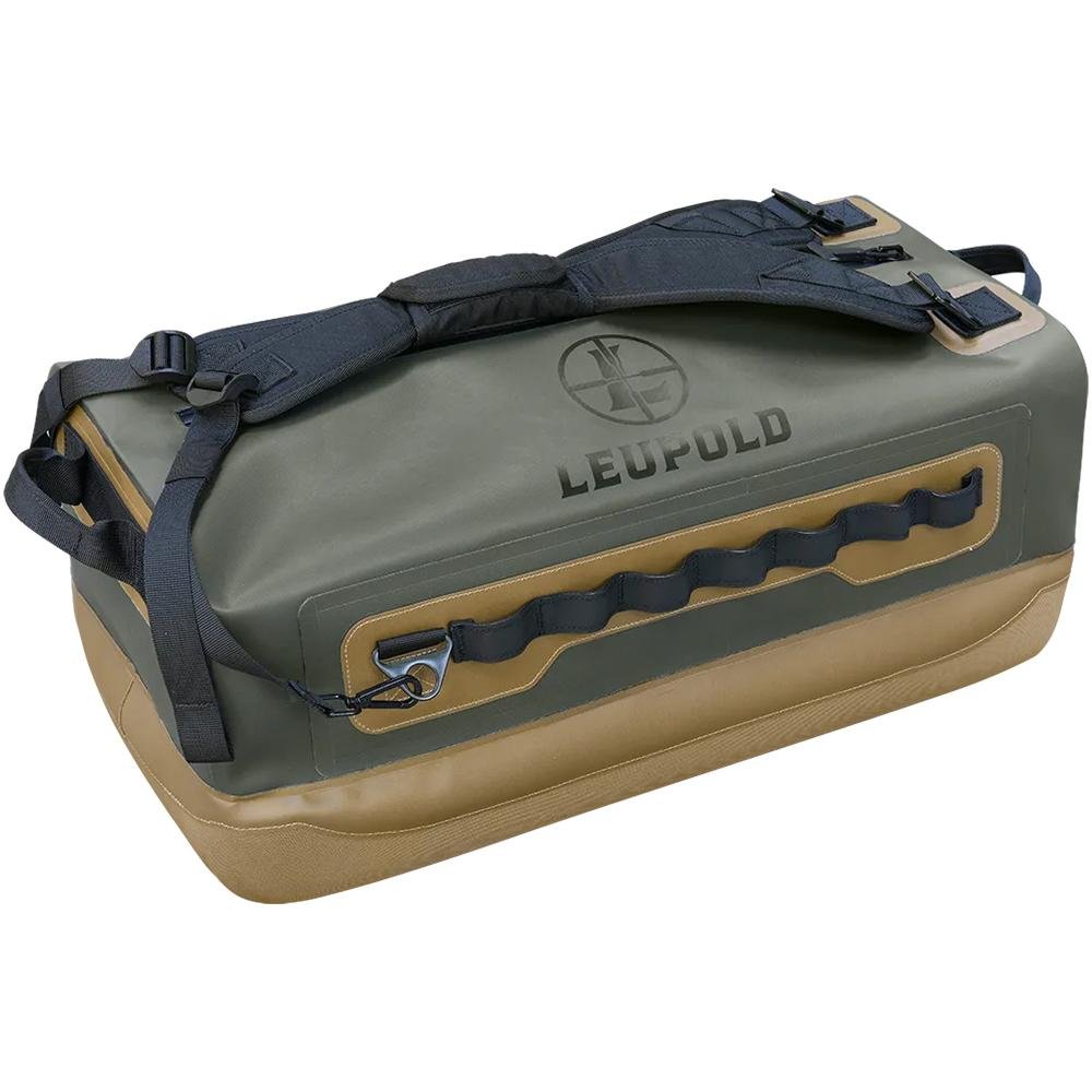 Chattanooga Leupold Rendezvous 75L dry duffle bag for outdoor travel, made of durable waterproof material with sturdy handles.