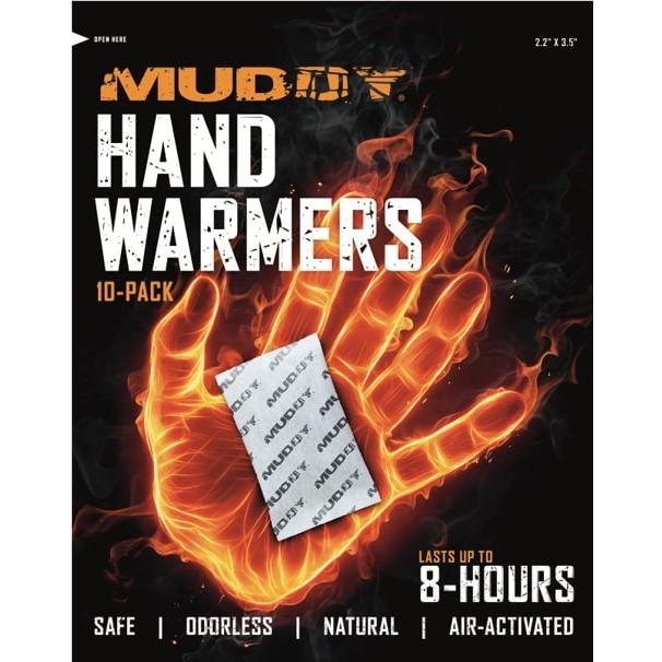 Chattanooga Muddy Disposable Hand Warmers 10-pack, odorless, long-lasting, air-activated for emergency survival warmth.