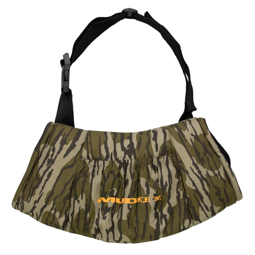 Chattanooga Muddy insulated hand muff with Mossy Oak Bottomland camouflage, designed for outdoor survival warmth and durability.