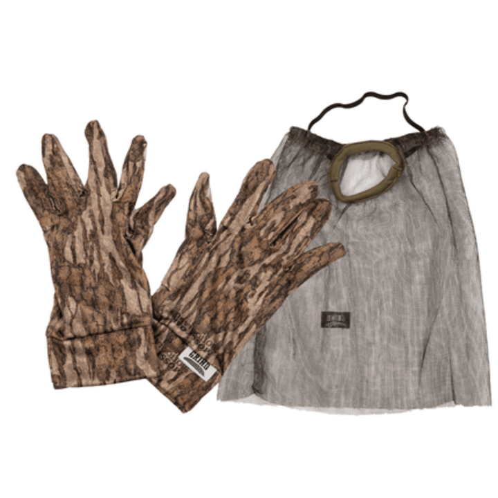 Chattanooga The Grind face mask and glove combo in Mossy Oak Bottomland camouflage, designed for concealment and outdoor wear.