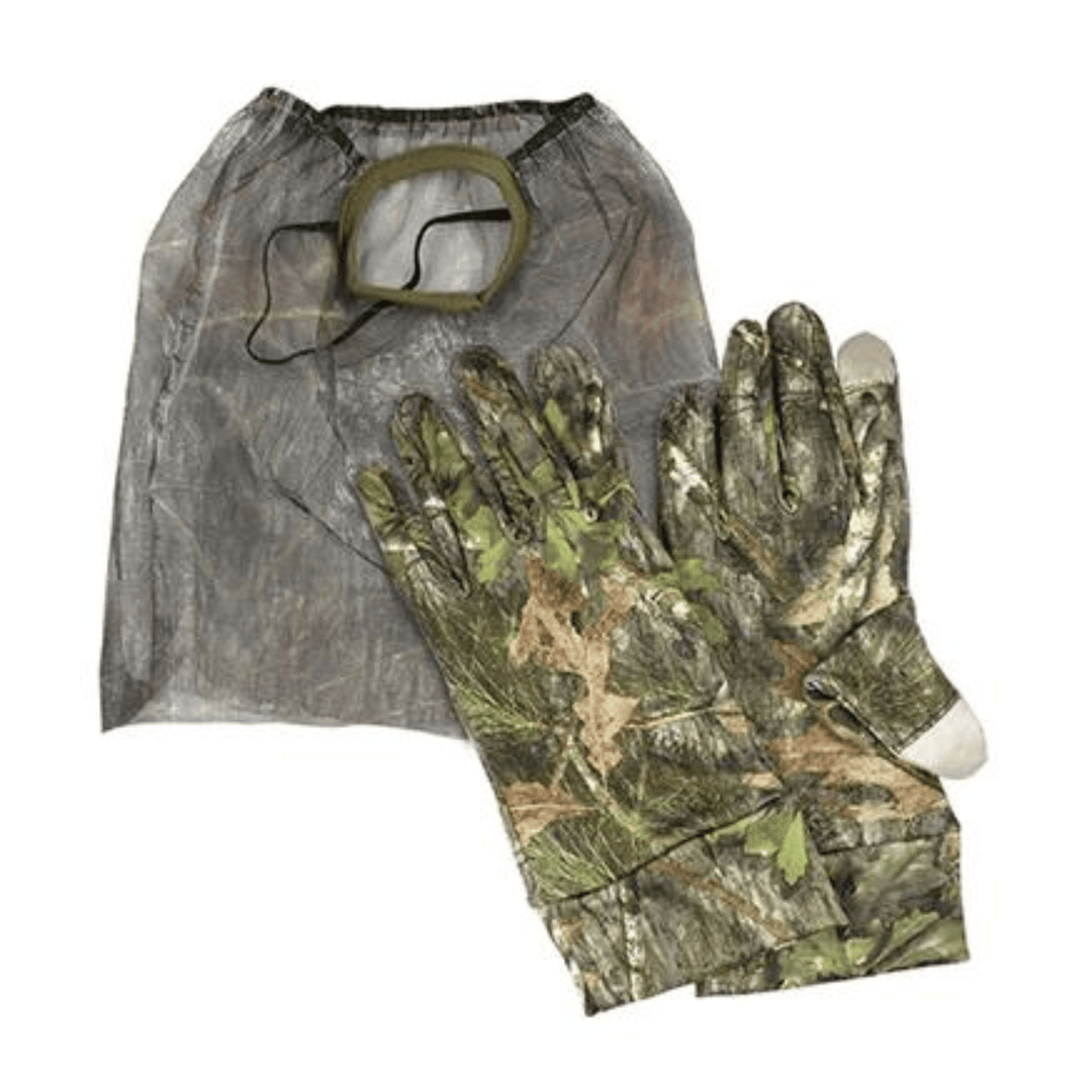 Chattanooga Mossy Oak Obsession camouflage face mask and gloves combo, durable outdoor gear for hunting or outdoor activities.
