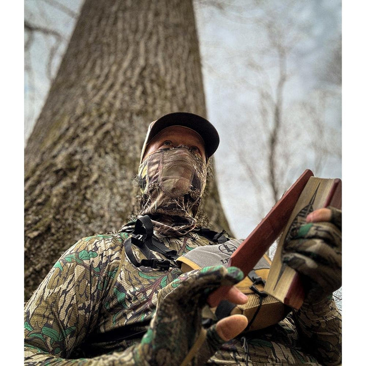 Chattanooga Allen Neck Gaiter face mask in Mossy Oak Country with breathable stretch fabric, designed as a versatile balaclava style face cover.