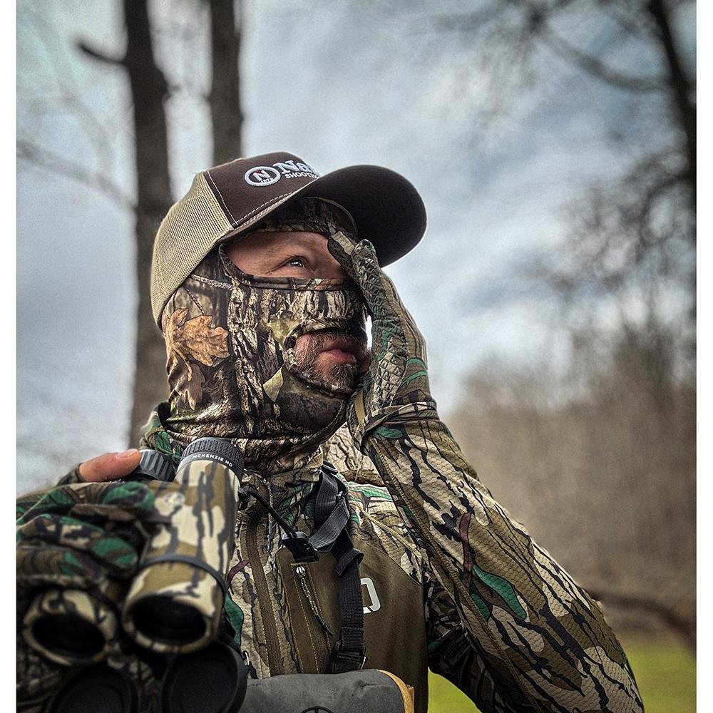 Allen Stretch Fit Full Head Net facemask by Chattanooga, lightweight Mossy Oak Country spandex balaclava covering entire head and face.
