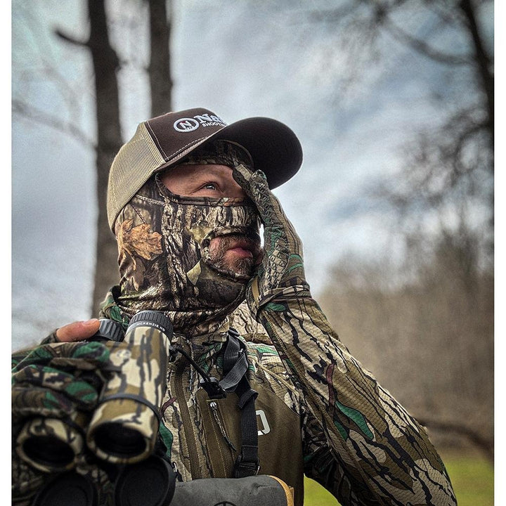 Allen Stretch Fit Full Head Net facemask by Chattanooga, lightweight Mossy Oak Country spandex balaclava covering entire head and face.