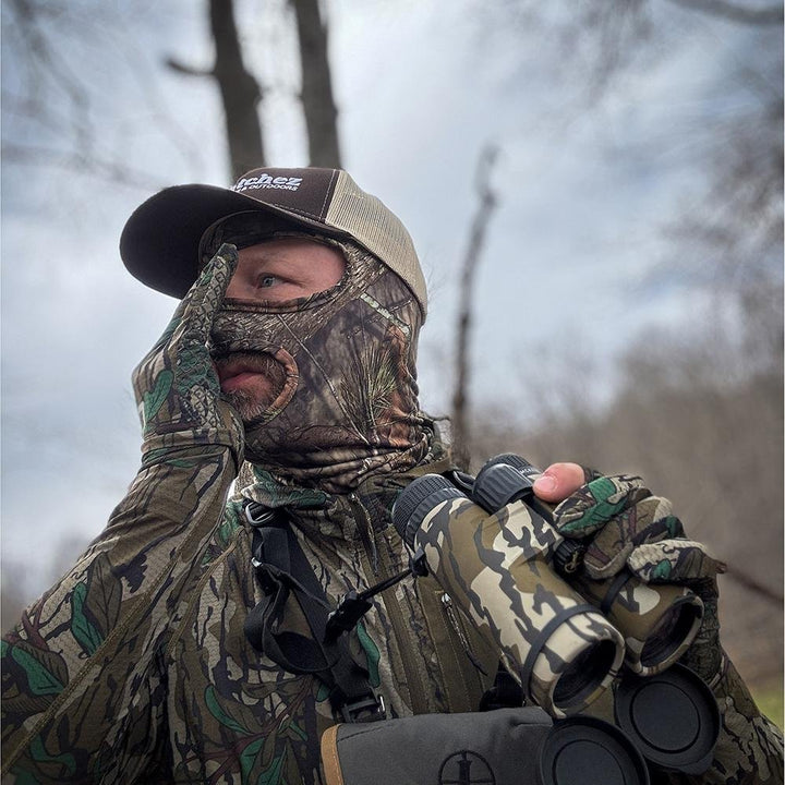 Chattanooga Allen stretch-fit full head net facemask in Mossy Oak Country spandex, lightweight face cover for outdoor activities