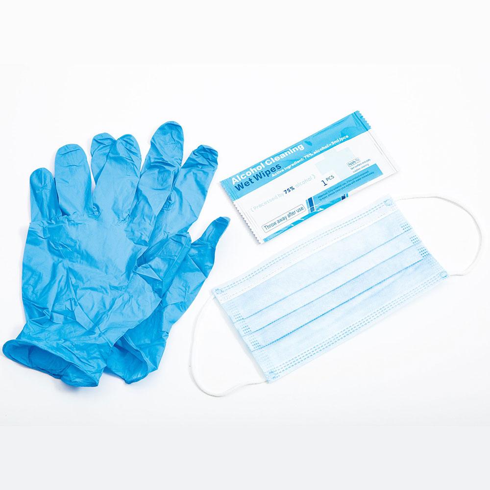 Howard Leight Safety PPE kit with face mask, gloves, and cleansing wipes, Chattanooga first aid set for personal protective equipment.