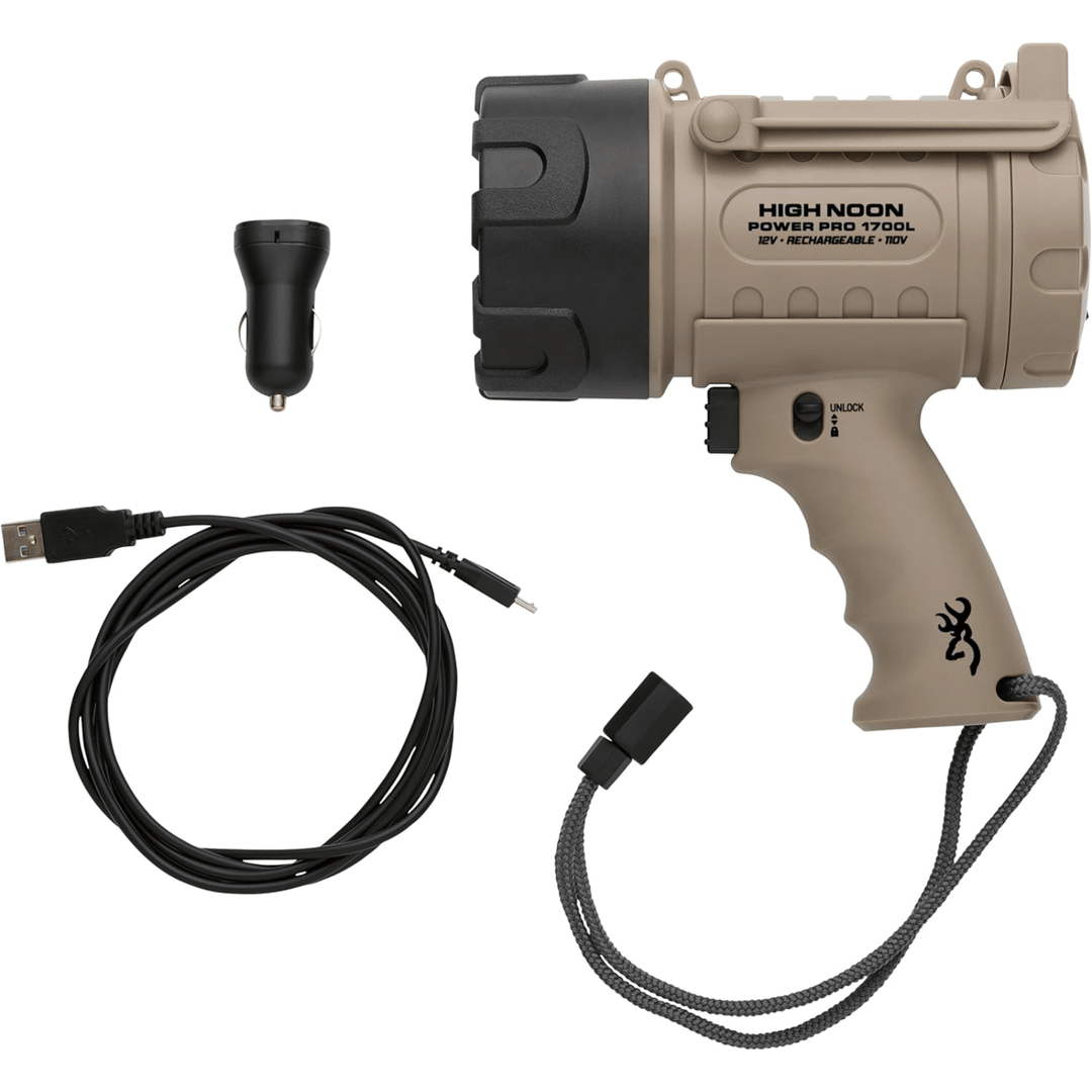 Chattanooga Browning High Noon Power Pro 12V Rechargeable Spotlight in tan, high-performance handheld flashlight with adjustable beam.