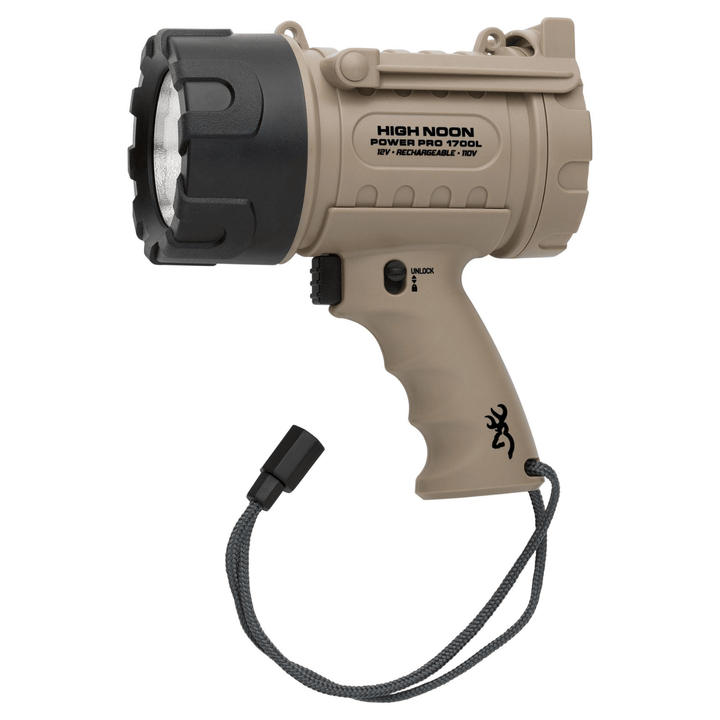 Chattanooga Browning High Noon Power Pro 12V rechargeable tan flashlight with high-performance spotlight for outdoor use