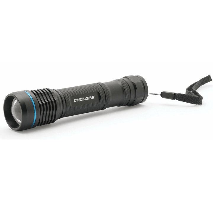Chattanooga Cyclops Steropes 700 rechargeable flashlight with 700 lumens, black body, and textured grip for outdoor use