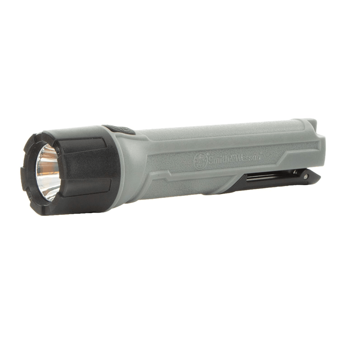 Chattanooga S&amp;W Night Guard Pro compact flashlight with 390 lumens and 3 modes, shown with adjustable beam and textured grip.