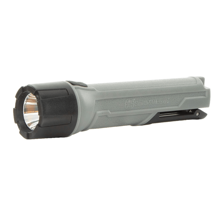 Chattanooga S&amp;W Night Guard Pro compact flashlight with 390 lumens and 3 modes, shown with adjustable beam and textured grip.