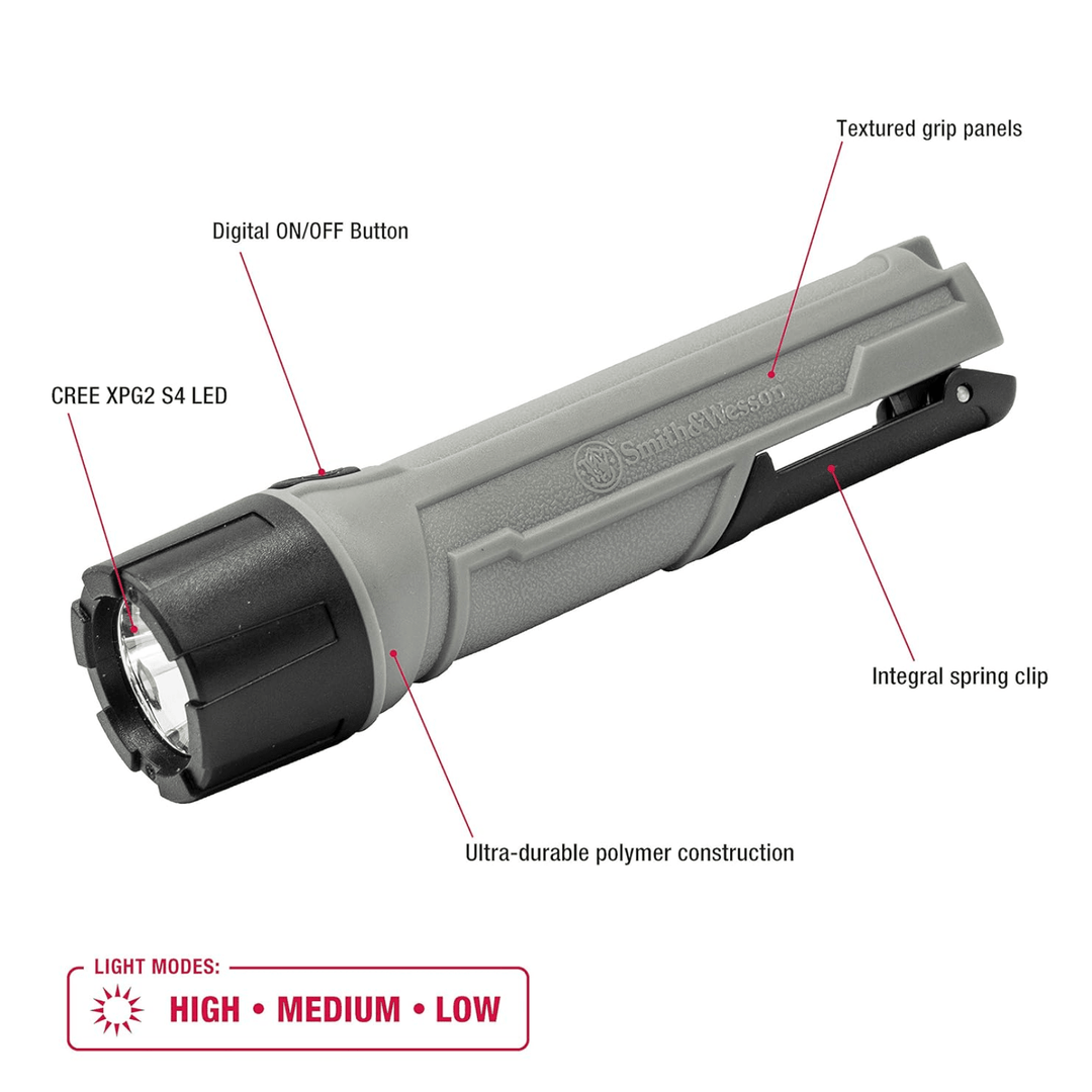 Chattanooga S&amp;W Night Guard Pro compact flashlight with 390 lumens, 3 modes, and ergonomic design for versatile lighting.