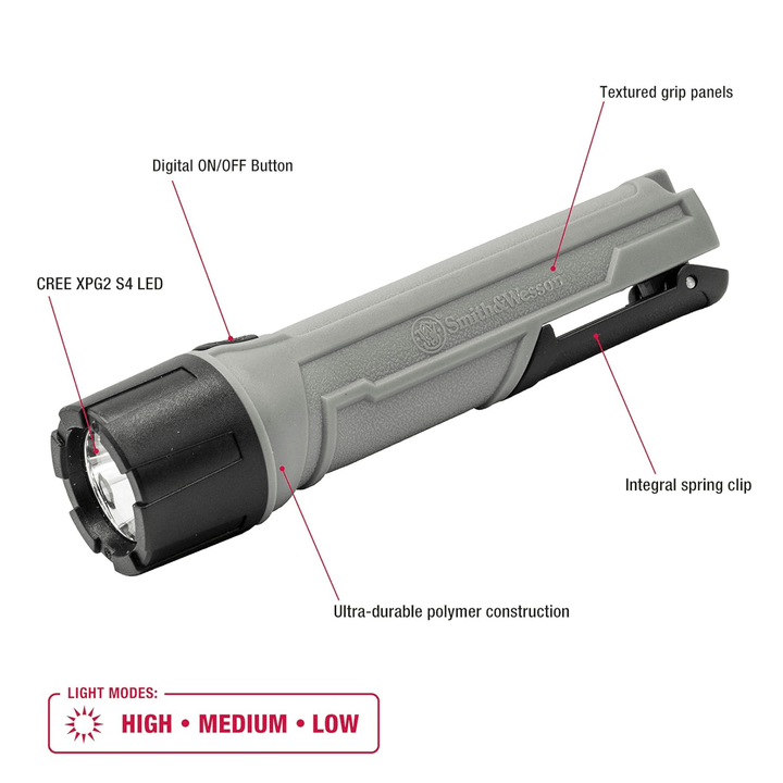 Chattanooga S&amp;W Night Guard Pro compact flashlight with 390 lumens, 3 modes, and ergonomic design for versatile lighting.
