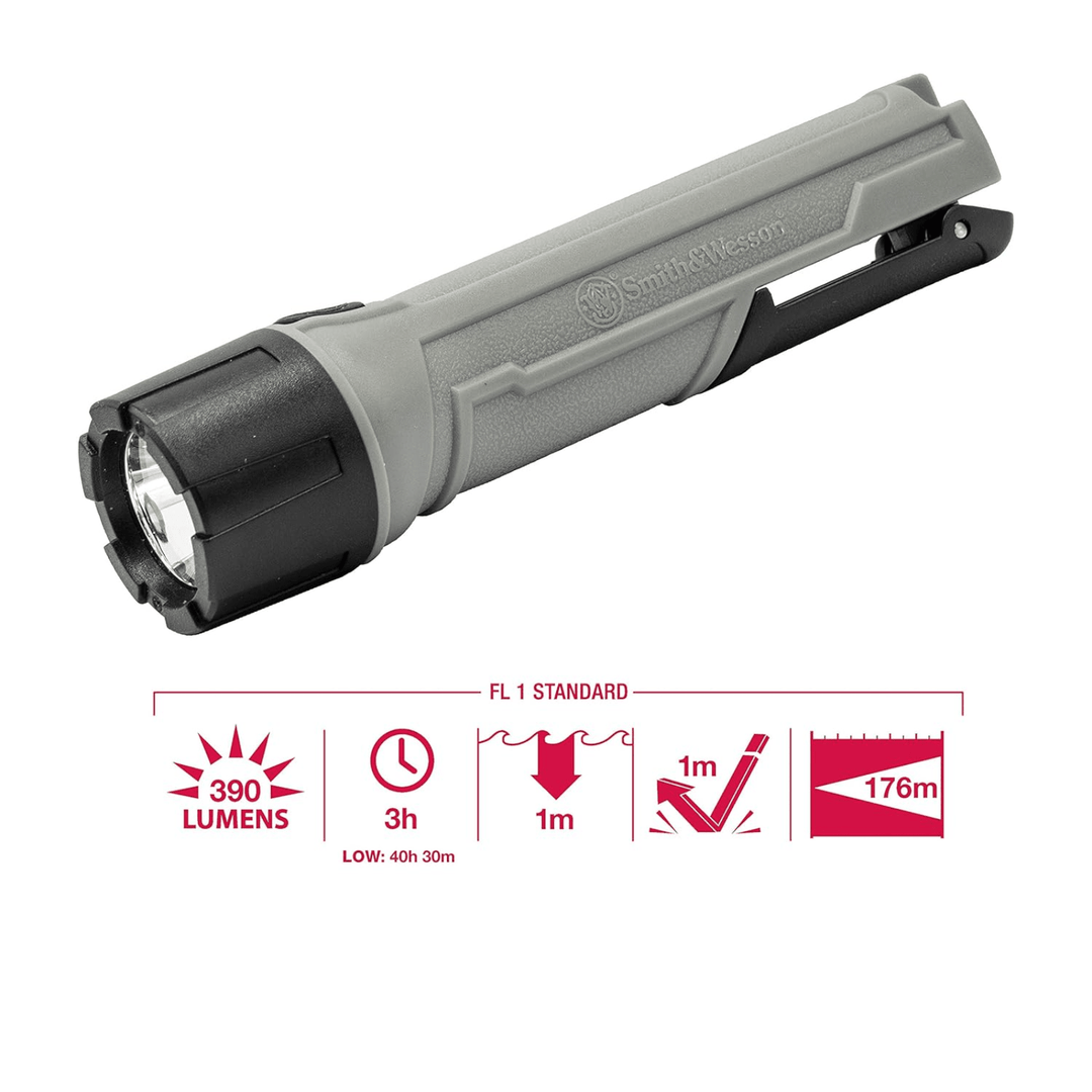Chattanooga S&amp;W Night Guard Pro compact flashlight with 390 lumens and 3 lighting modes, black handheld design, on/off button