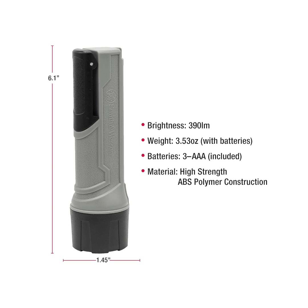 Chattanooga S&amp;W Night Guard Pro Compact flashlight with 390 lumens, 3 modes, black body, and ergonomic design.