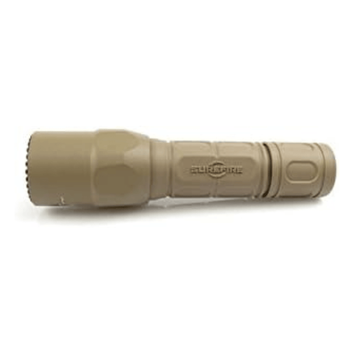 Chattanooga SF G2X Pro LED flashlight with 600 lumens, tan polymer and aluminum body, featuring a click-style switch.