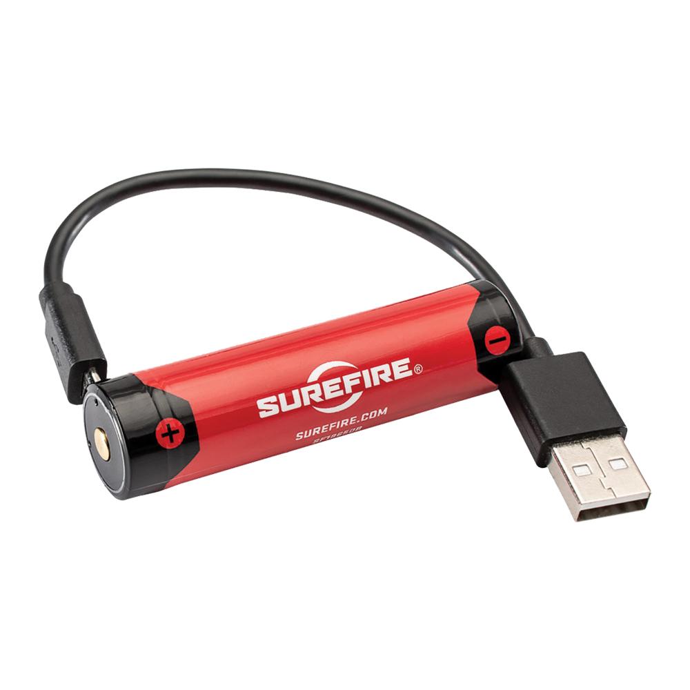 Chattanooga flashlight with SF Micro USB lithium-ion rechargeable battery, showing the long-lasting, reliable power cell inside.