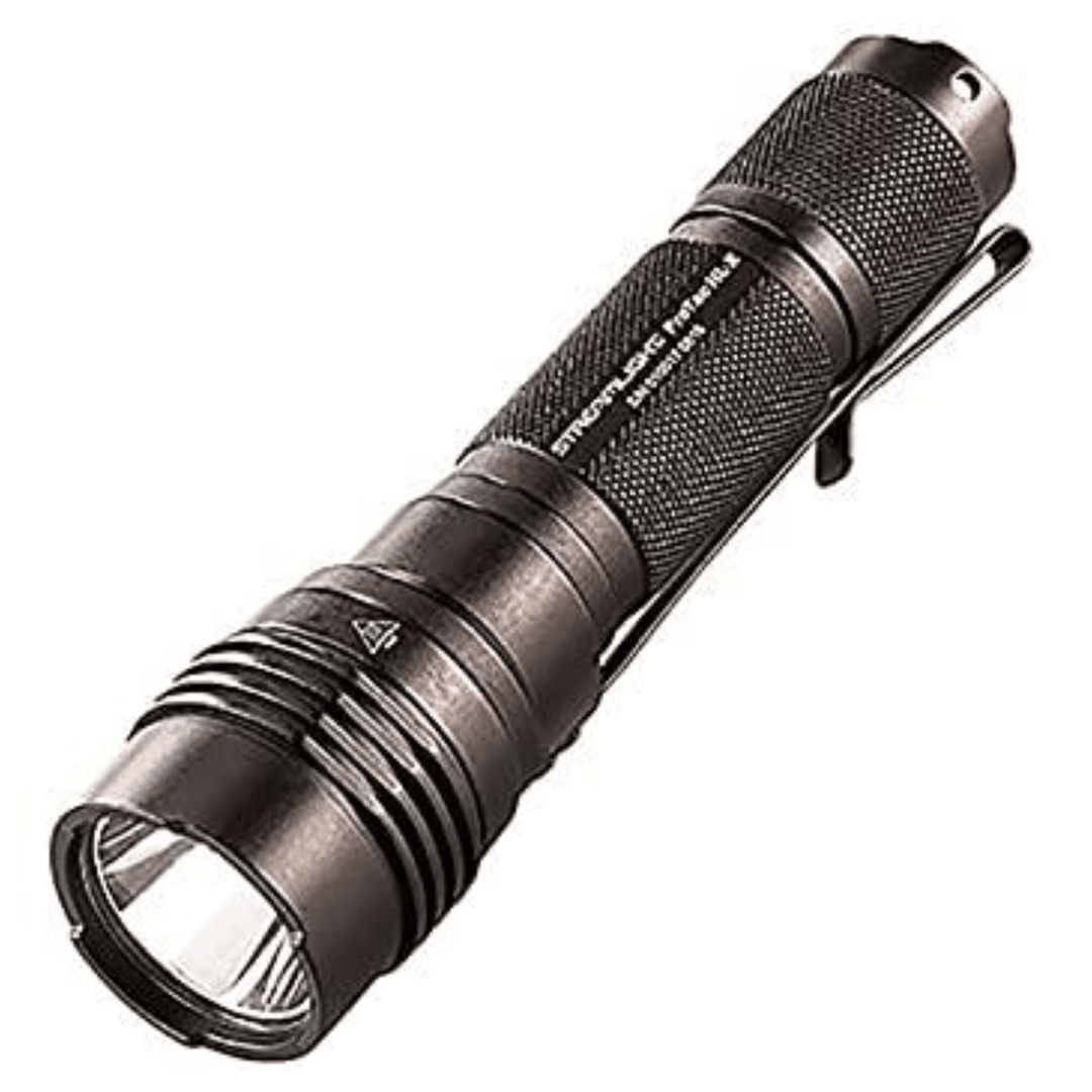 Black Streamlight ProTac HL-X USB flashlight with 1000 lumens, rechargeable battery, held in hand. Chattanooga brand.