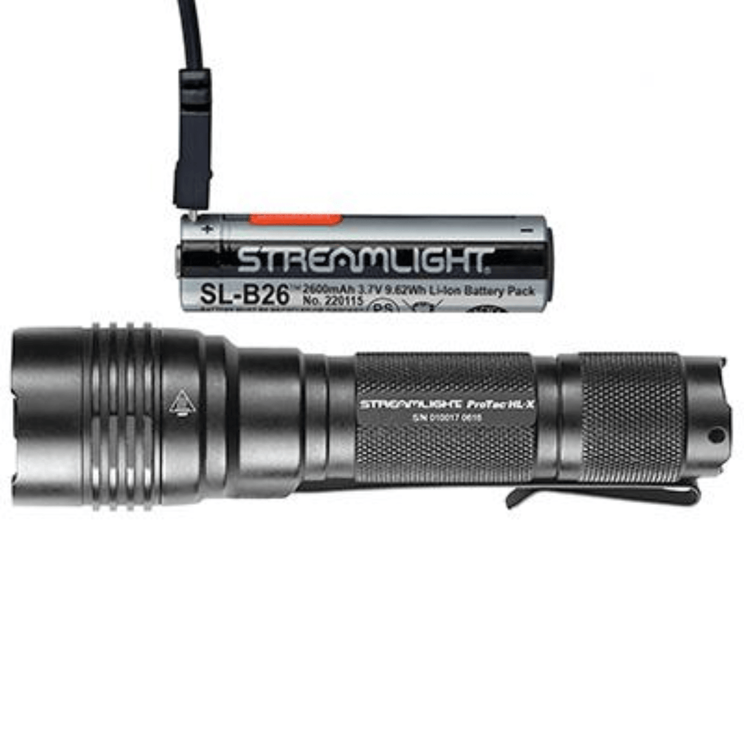 Black Streamlight ProTac HL-X USB flashlight with 1000 lumens, rechargeable battery, compact design, and durable construction.