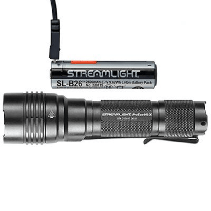 Black Streamlight ProTac HL-X USB flashlight with 1000 lumens, rechargeable battery, compact design, and durable construction.