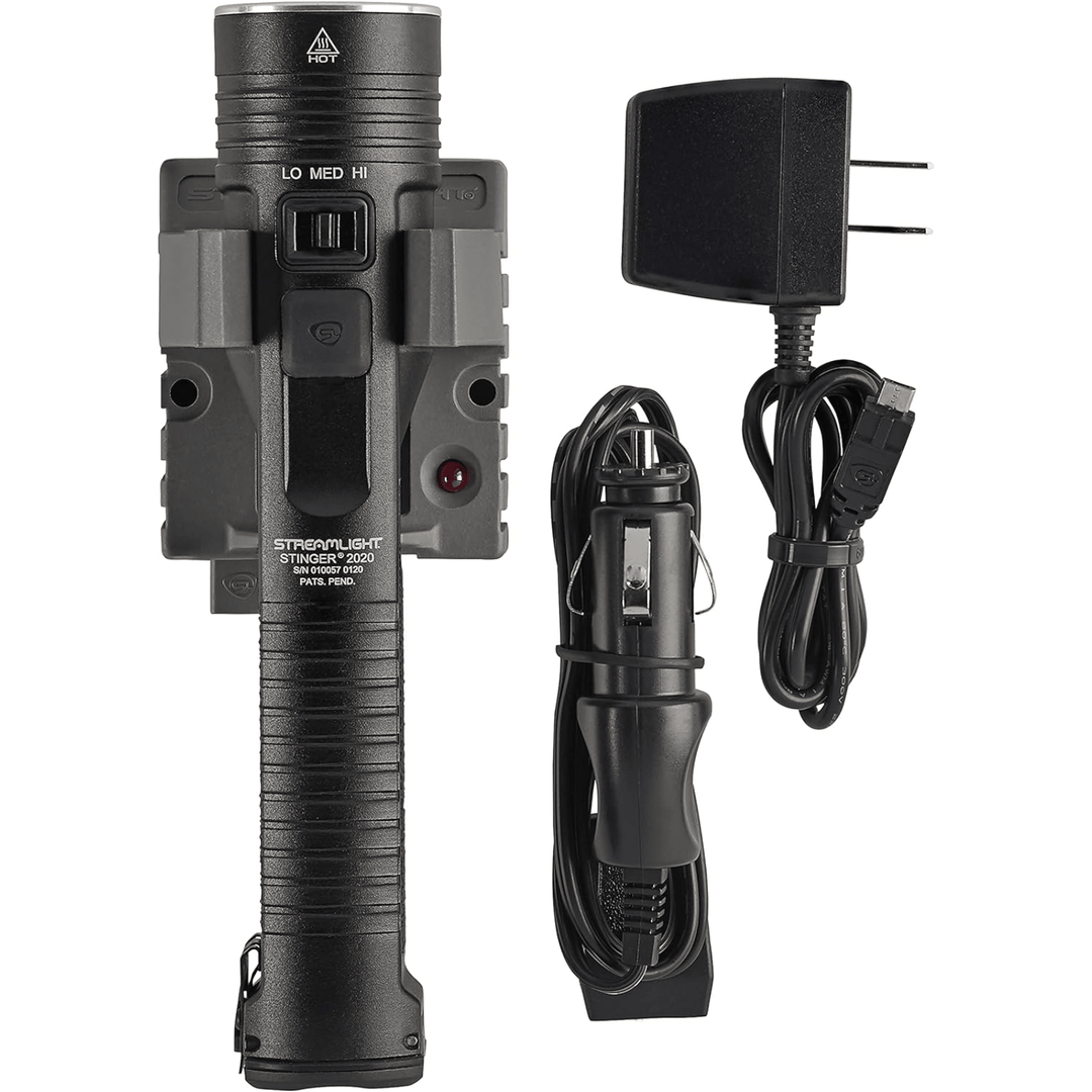 Black Chattanooga Streamlight Stinger 2000 Lumen flashlight with 120V AC and 12V DC holder and charger.