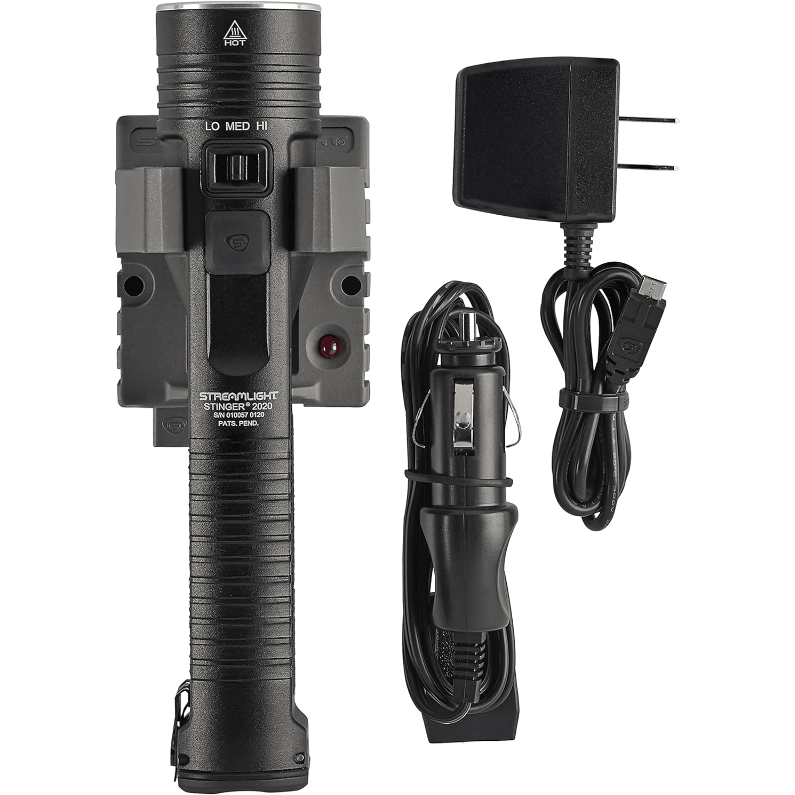 Black Chattanooga Streamlight Stinger 2000 Lumen flashlight with 120V AC and 12V DC holder and charger.