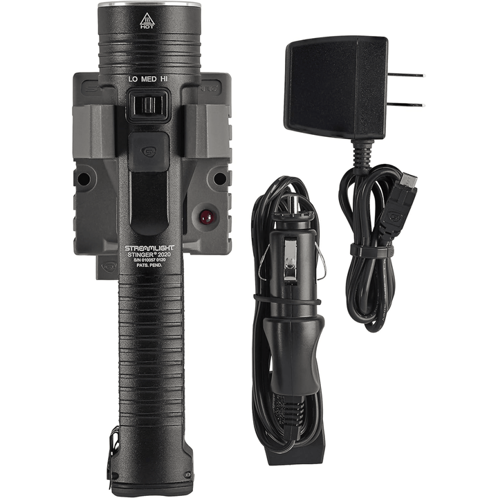 Black Chattanooga Streamlight Stinger 2000 Lumen flashlight with 120V AC and 12V DC holder and charger.