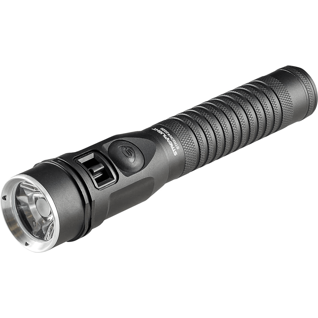 Chattanooga Streamlight Strion 1200 Lumen rechargeable LED flashlight in black with AC and 12V DC charging ports, shown front view.