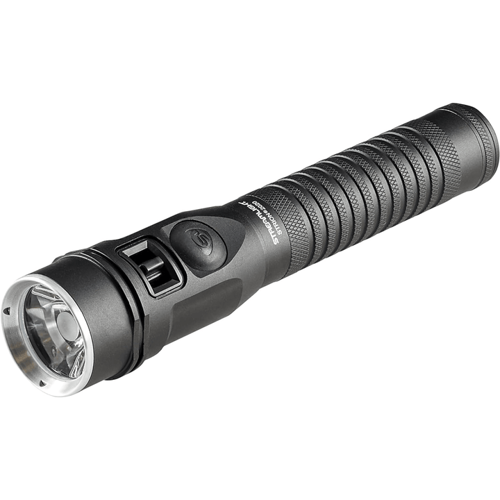 Chattanooga Streamlight Strion 1200 Lumen rechargeable LED flashlight in black with AC and 12V DC charging ports, shown front view.